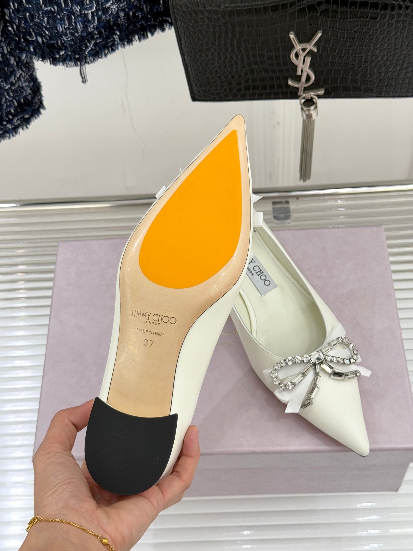 Jimmy Choo 26WF Pointed Toe Rhinestone Bow Chunky Heel White Sheepskin 573542