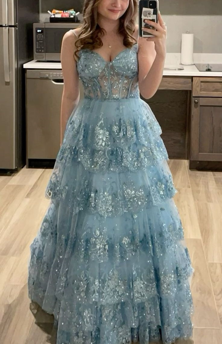 formaldressy-Gray/Blue Long Princess Sparkling Sequined Long Tulle Prom Dress Graduation Dress gh5925