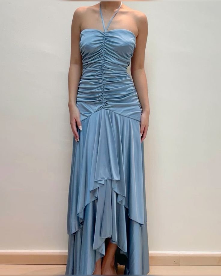 formaldressy-Light Blue Satin Elegant Strapless Long Ruffled Ball Gown Evening Dress Party Dress gh5201