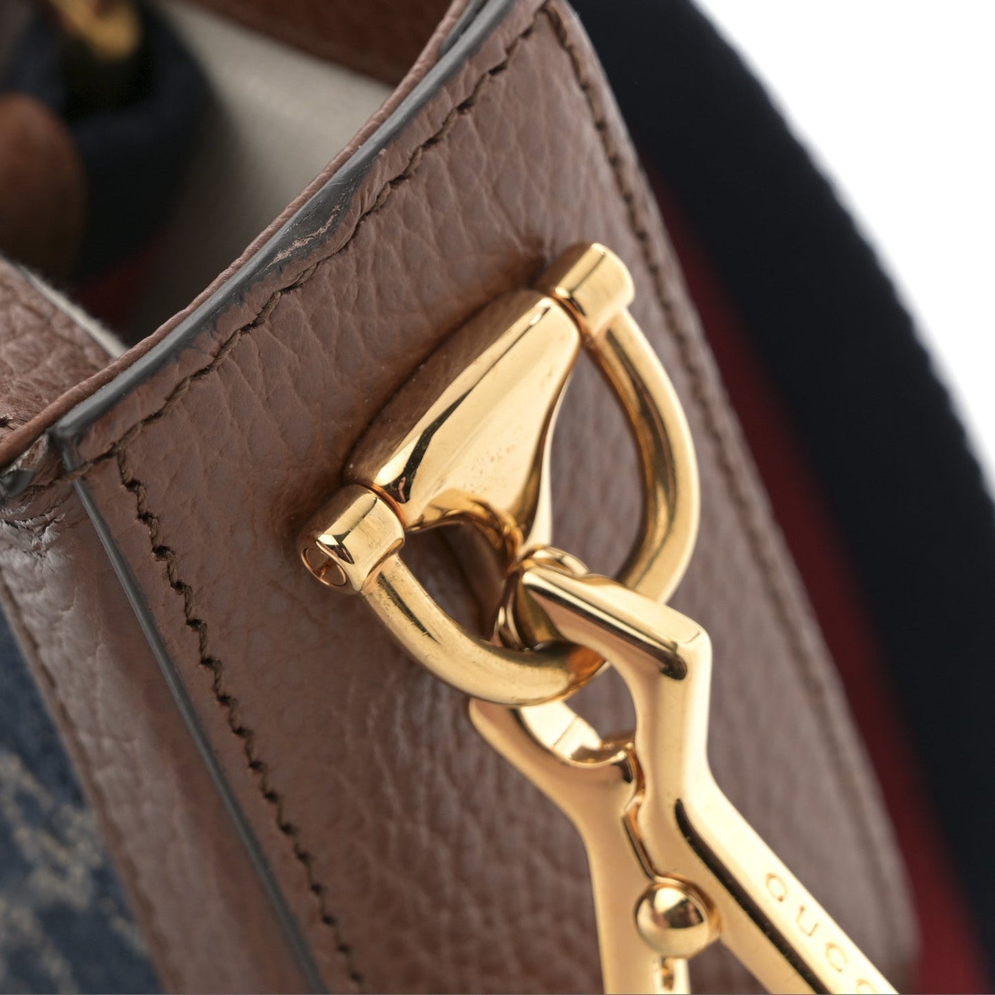 New Denim GG Monogram Dollar Calfskin Web Mini Horsebit 1955 Shoulder Bag Blue Tea Cuir Epilog