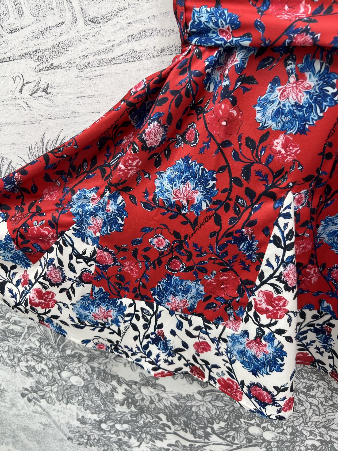 LV 25 Retro Floral Pattern Suspender Flower Dress Red Poliester