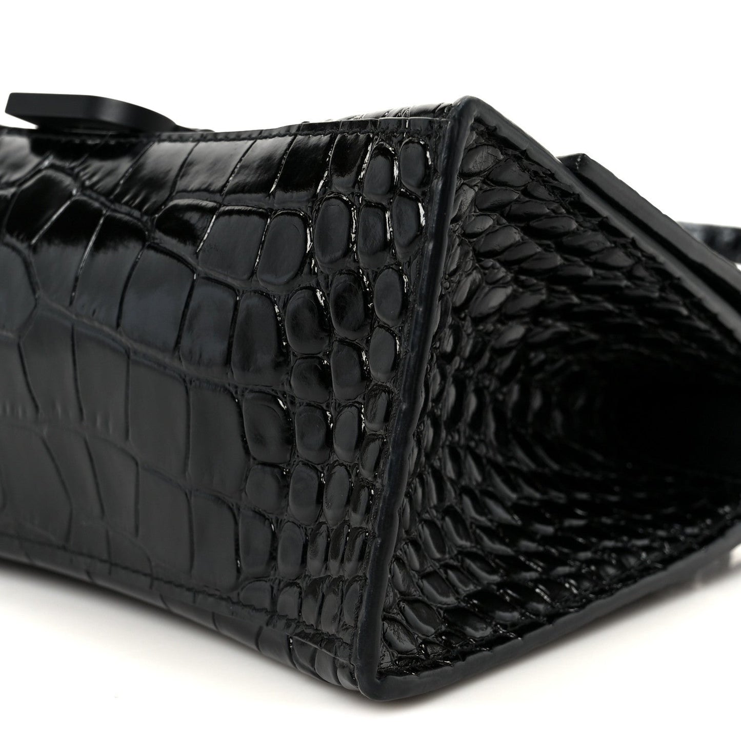 Shiny Calfskin Monochrome Crocodile Embossed Small Hourglass Top Handle Bag Black