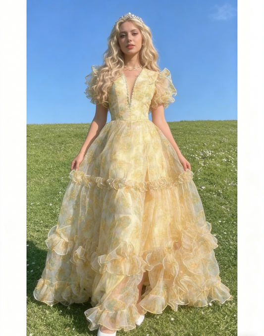 Fairy A-Line Long Yellow Prom Dresses Floral Tulle Yellow Evening Dresses Yellow Christmas Party Dresses EP05684