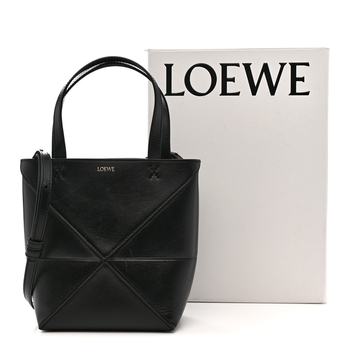 Shiny Calfskin Mini Puzzle Fold Tote Black