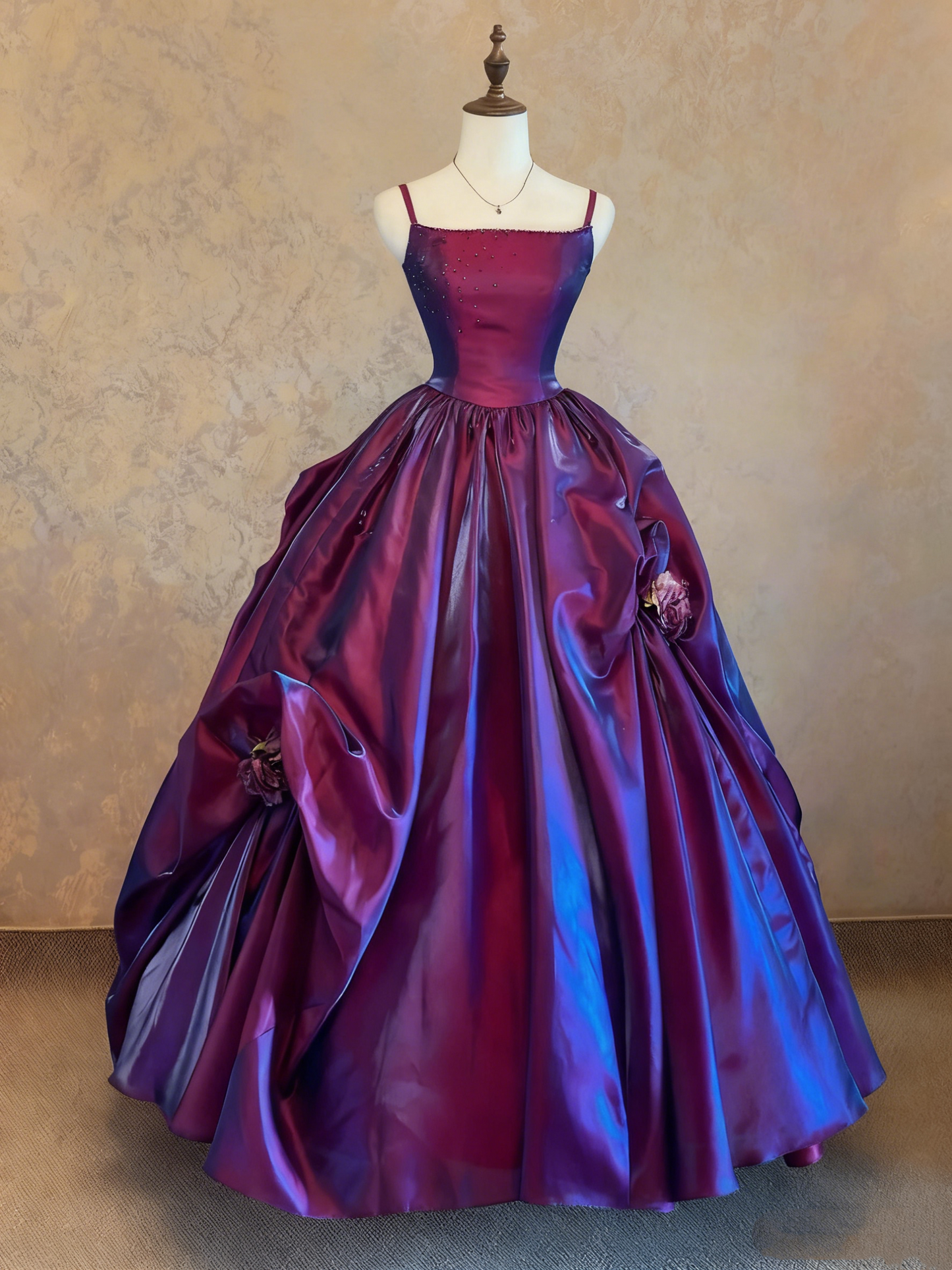 formaldressy-Purple-Blue Gradient Satin Spaghetti-Strap 3D Flower-Embellished Floor-Length Court-Style Gown gh6360