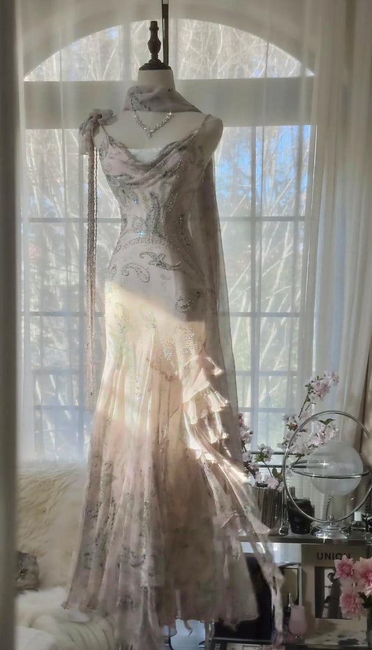 E??? Fairytale Pink Spaghetti Straps Mermaid Prom Gown Vintage Elegant Beaded Silk Long Prom Dress Guest Dresses