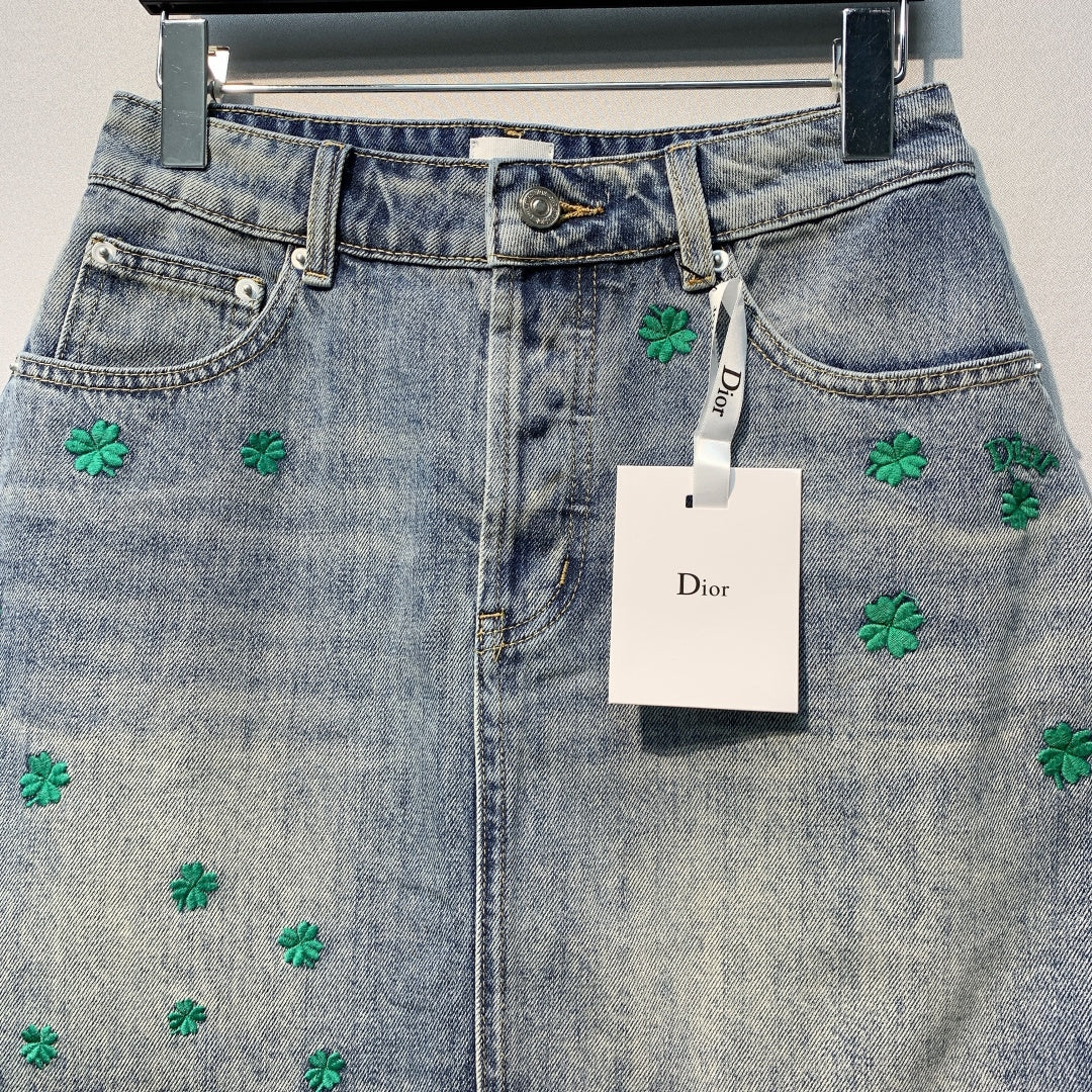 CD Clover Embroidered Mini Skirt Blue Stonewashed Cotton 350924