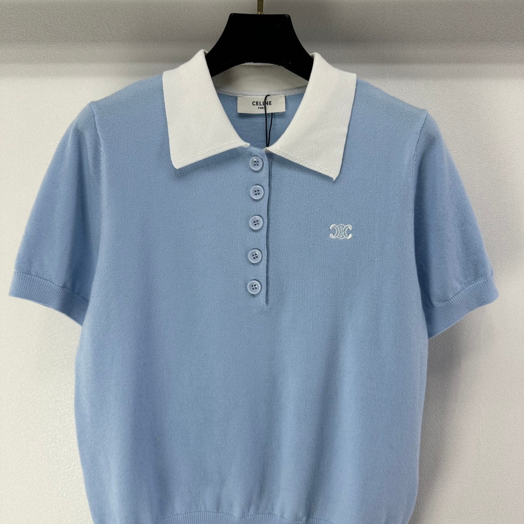 Celine Short-sleeved Polo Shirt Blue Cashmere Wool 349071