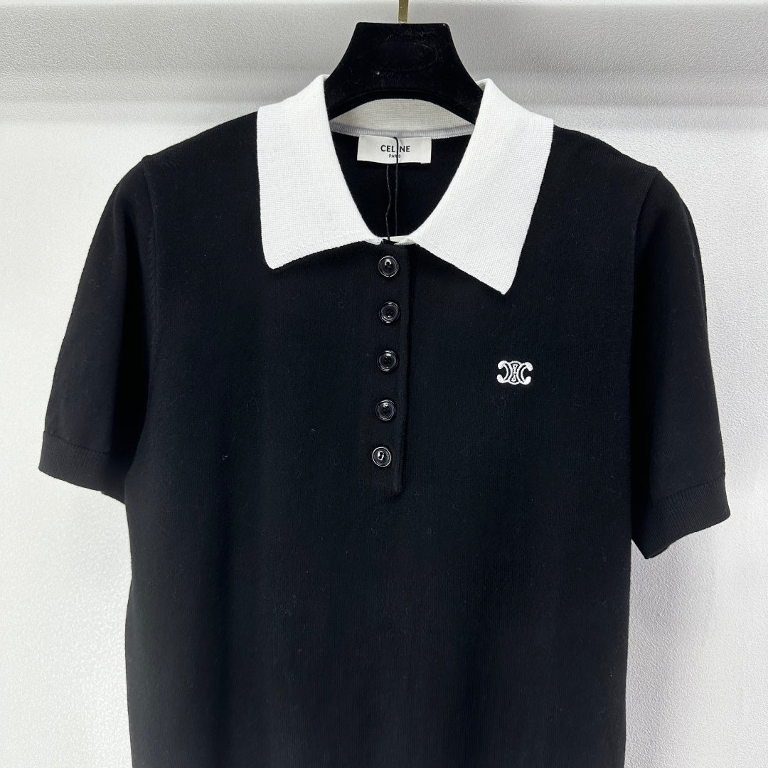 Celine Short-sleeved Polo Shirt Black Cashmere Wool 349073
