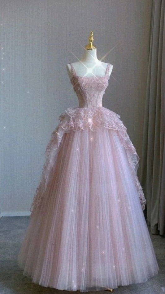 Modest Ball Gowns Straps Pink Tulle Prom Dresses 22Th Birthday Outfit