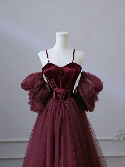 Wine Red Corset Prom Dress with Puffy Detachable Sleeves, A-Line Tulle Evening Dress