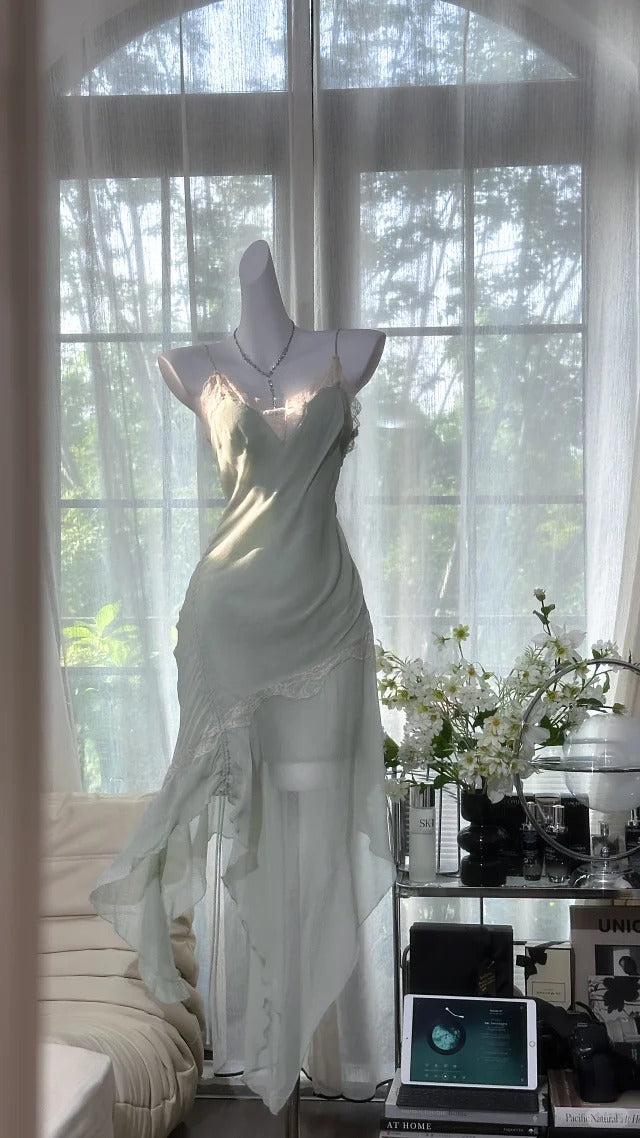 formaldressy-Mint Mambo Green Vintage Long Chiffon Lace Party Dress Date Dress gh5079