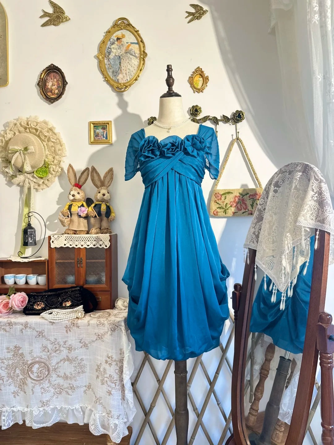 formaldressy-New peacock blue vintage bow-knot short chiffon homecoming dress, birthday party dress gh5195