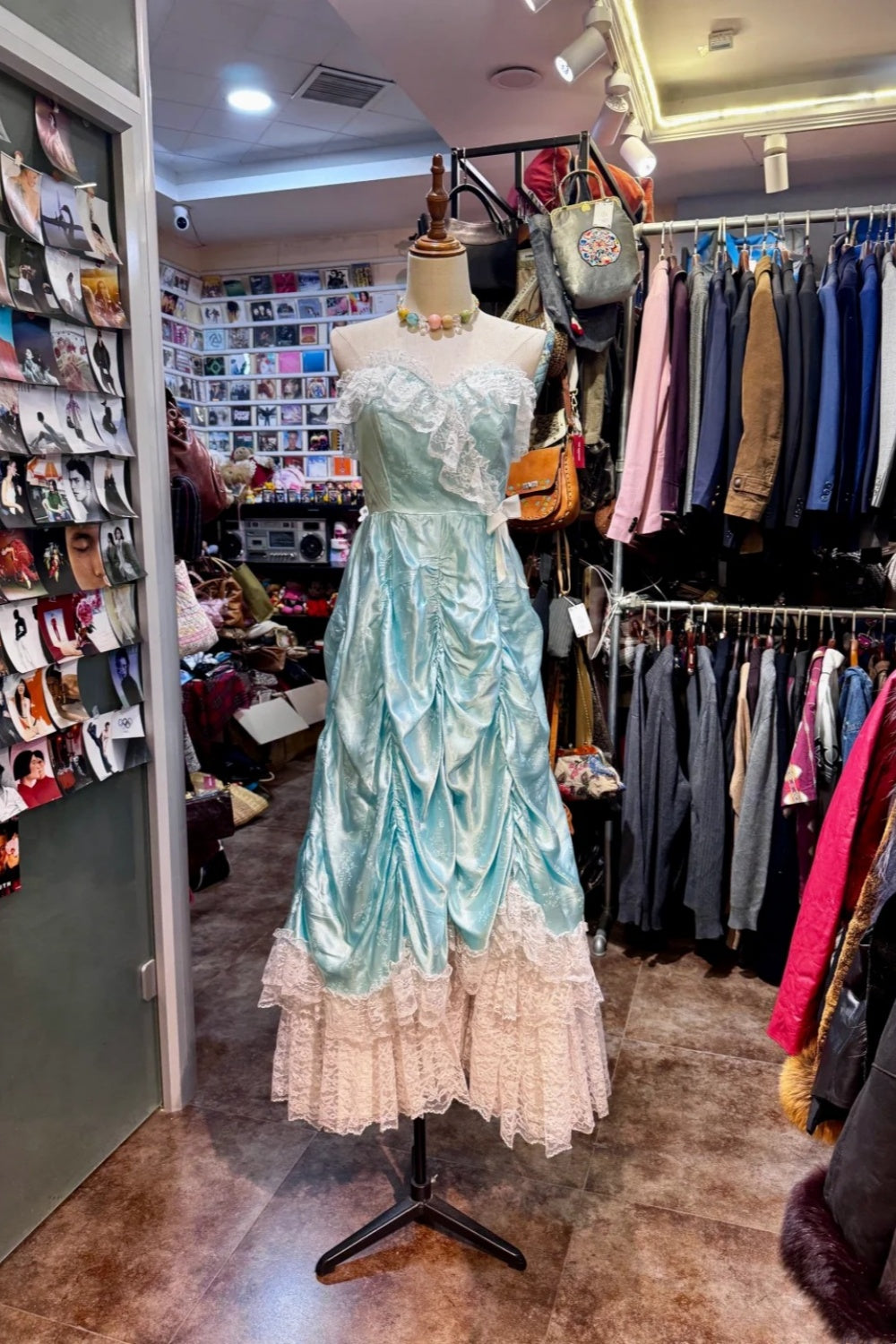 formaldressy-Fairy Tale Secret Style Aqua Jacquard Satin & Lace Strapless Floor - Length Evening Dress gh5886