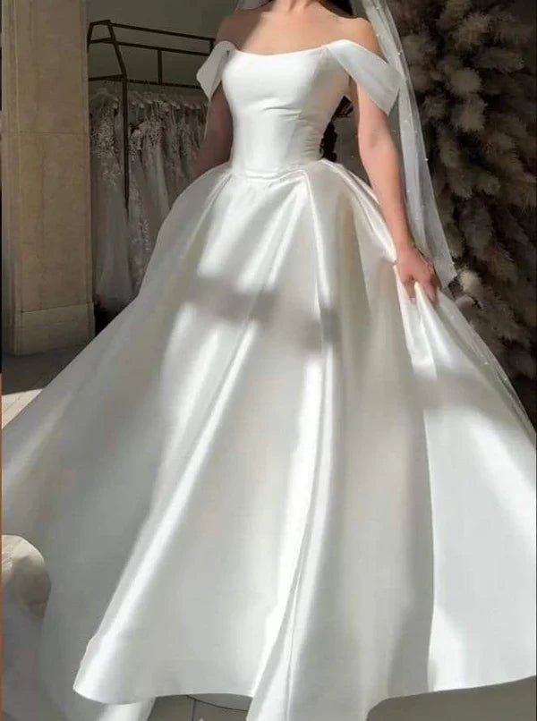 formaldressy-White satin off-the-shoulder long floor-length wedding prom dress gh5392