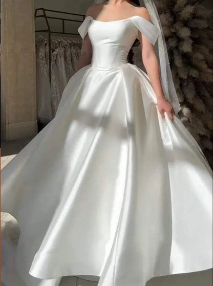 formaldressy-White satin off-the-shoulder long floor-length wedding prom dress gh5392