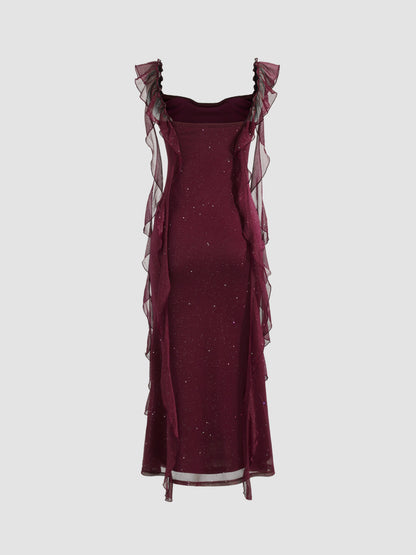 Cowl Neck Sequin Ruffle Maxi Dress Navy Blue Evening Dress      cg25206