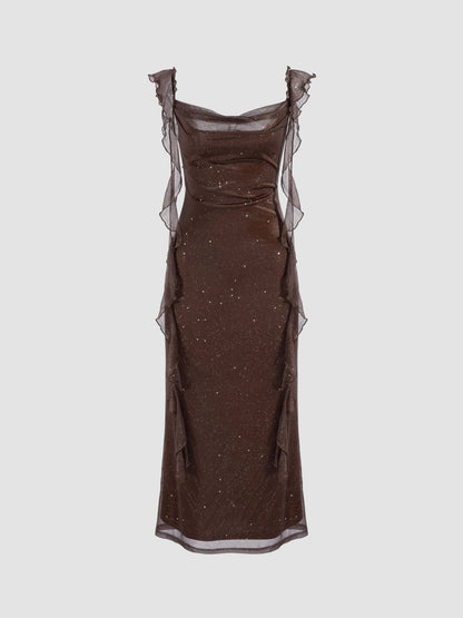 Cowl Neck Sequin Ruffle Maxi Dress Navy Blue Evening Dress      cg25206