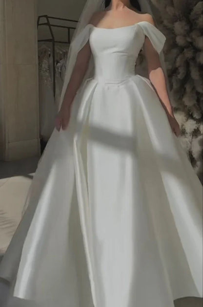 formaldressy-White satin off-the-shoulder long floor-length wedding prom dress gh5392