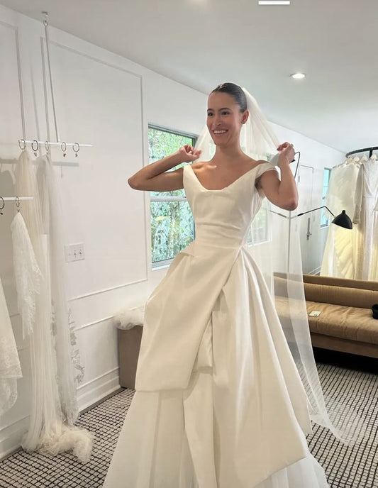 A-Line Satin Off Shoulder Wedding Dress Elegant Wedding Party Dress     S6586