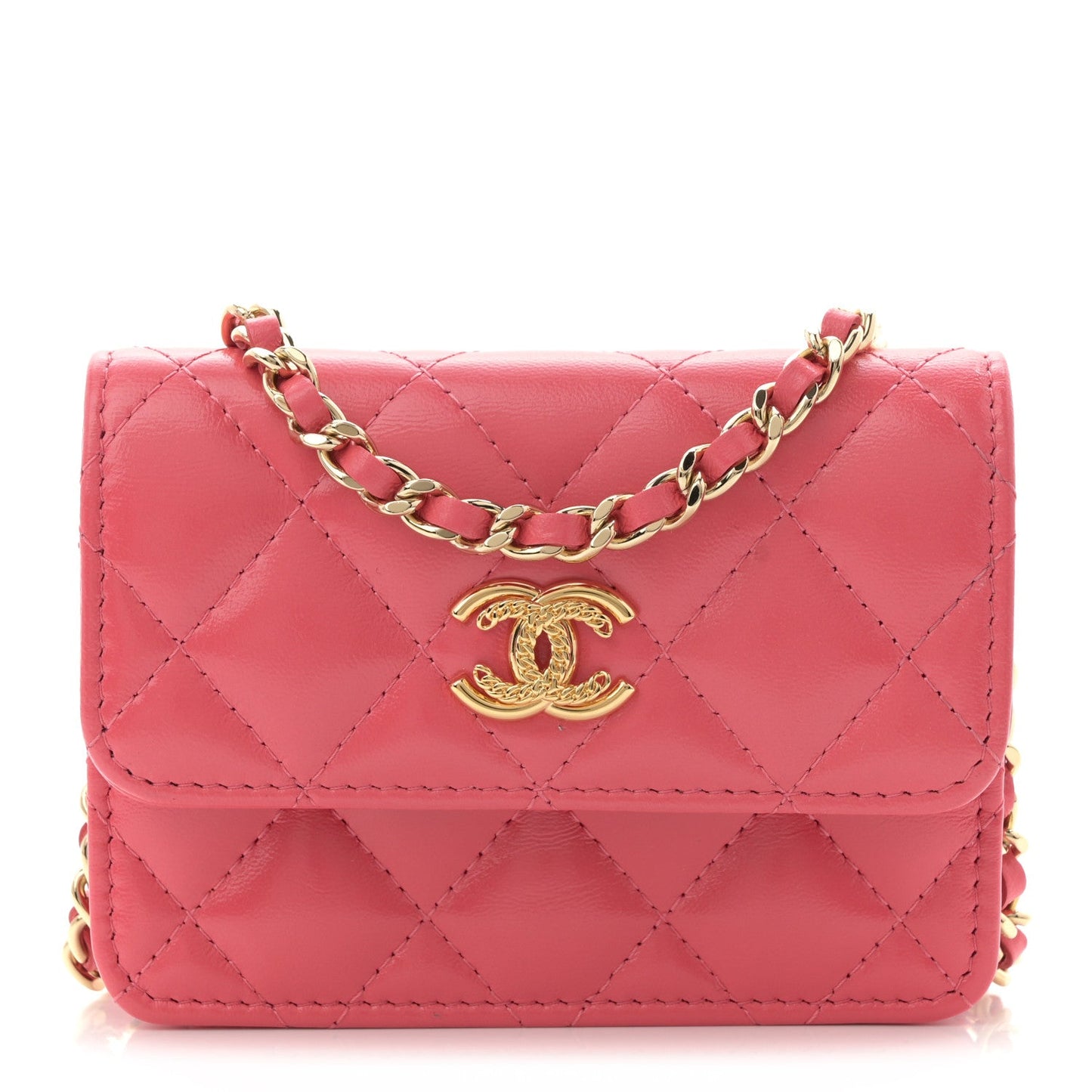 Shiny Lambskin Quilted Card Holder On Chain Pink
