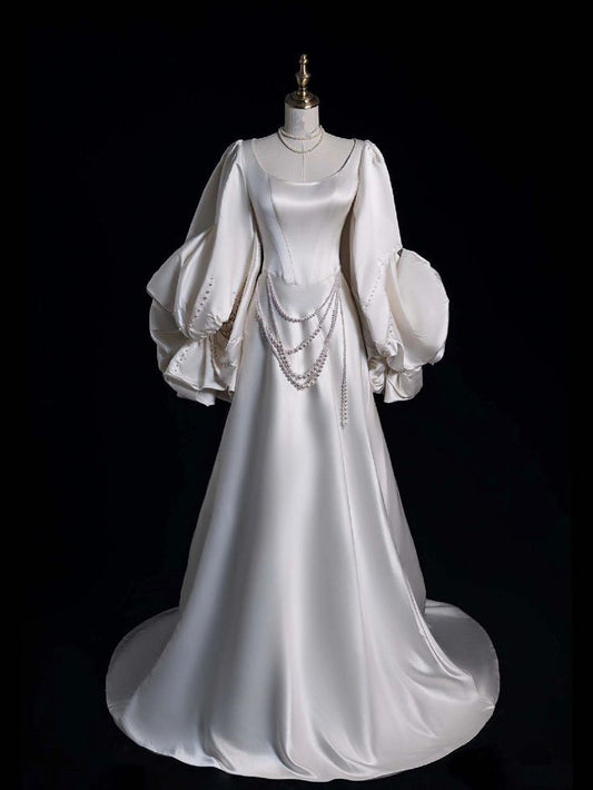 A Line Round Neck Satin Wedding Dresses Long Bridal Gowns     S6561