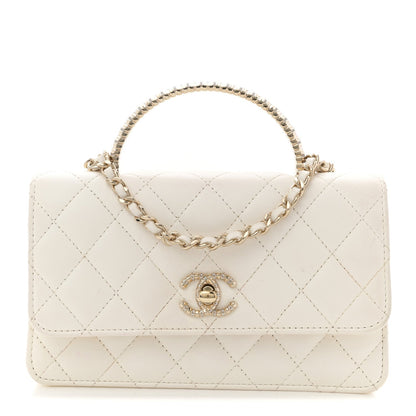 Lambskin Quilted Crystal Top Handle Rectangular Flap White