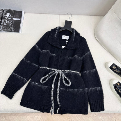 CC Mohair Wool Fluffy Black and White Belt Cardigan
