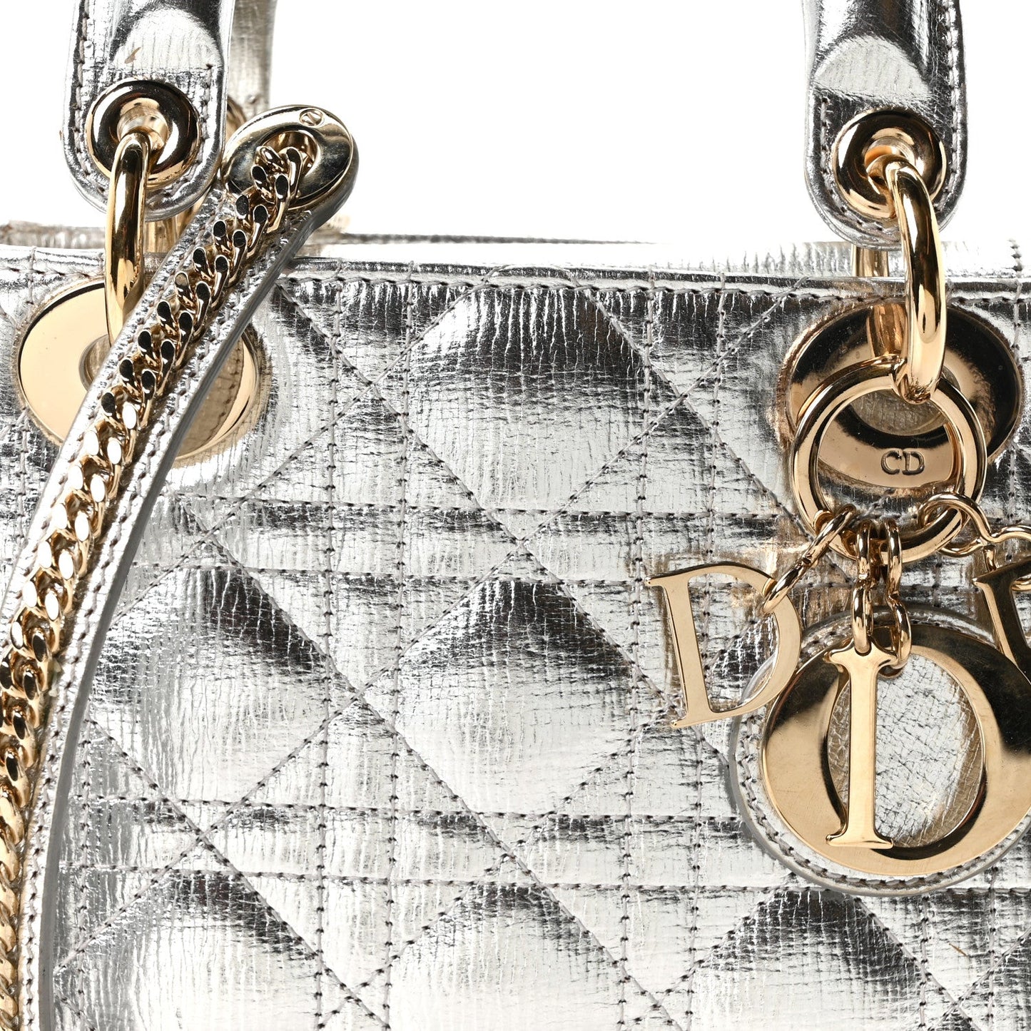Metallic Grained Calfskin Cannage Mini Lady Dior Silver