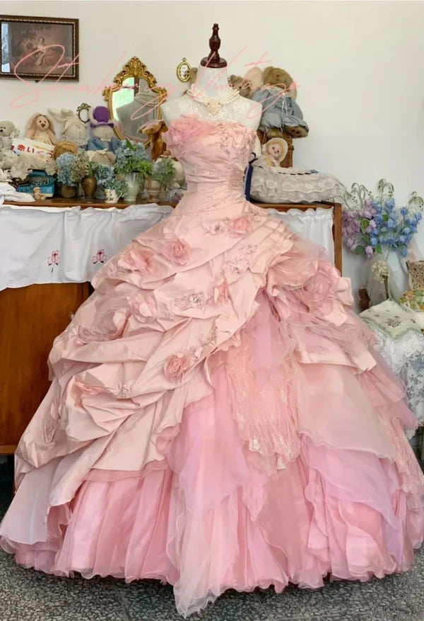 formaldressy--16th Birthday Dress Pink Floral Teen Dress Long Tulle Prom Dress Bar Mitzvah Dress gh5636