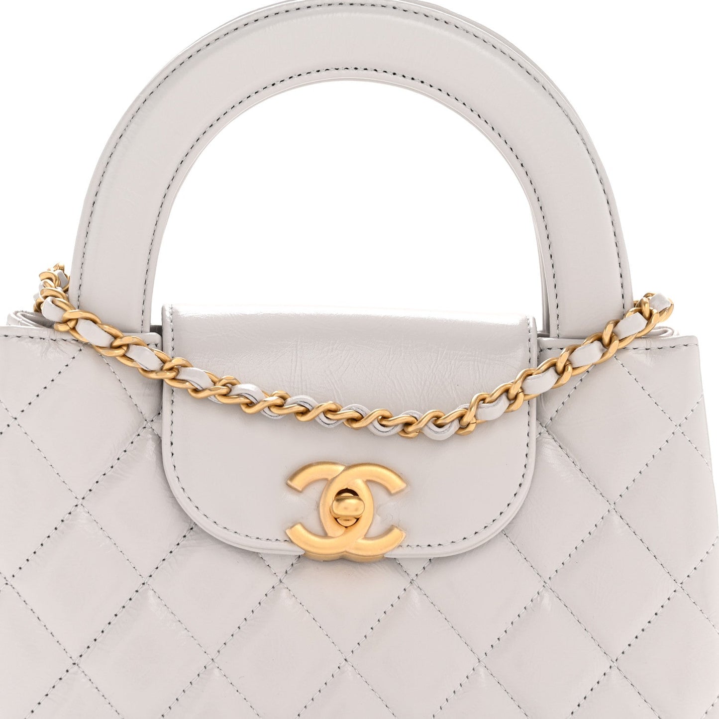 Shiny Aged Calfskin Quilted Nano Kelly Shopper Light Grey