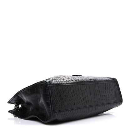 Calfskin Crocodile Embossed Monogram Medium Niki Shopping Bag Black