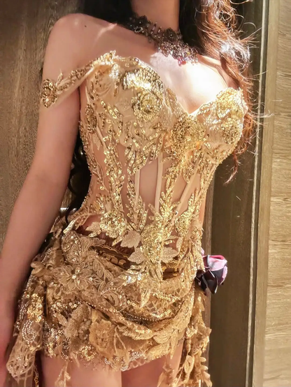 Golden A Line Straps Exquisite Sequin Short Homecoming Dress SH5012
