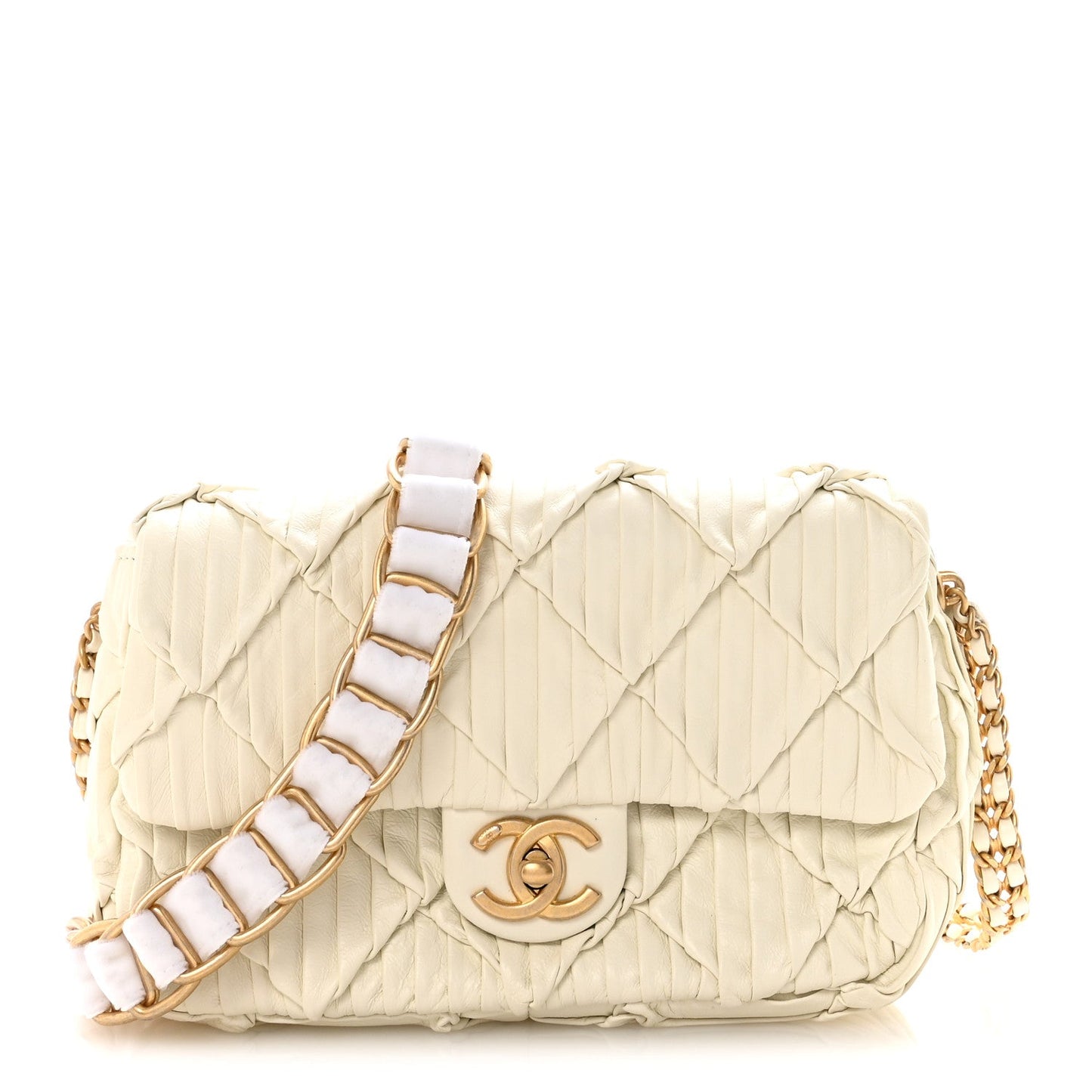 Pleated Calfskin Quilted Medallion Flap White