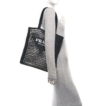 Yarn Raffia Effect Crochet Logo Embroidered Tote Bag Black