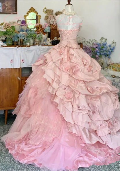 formaldressy--16th Birthday Dress Pink Floral Teen Dress Long Tulle Prom Dress Bar Mitzvah Dress gh5636