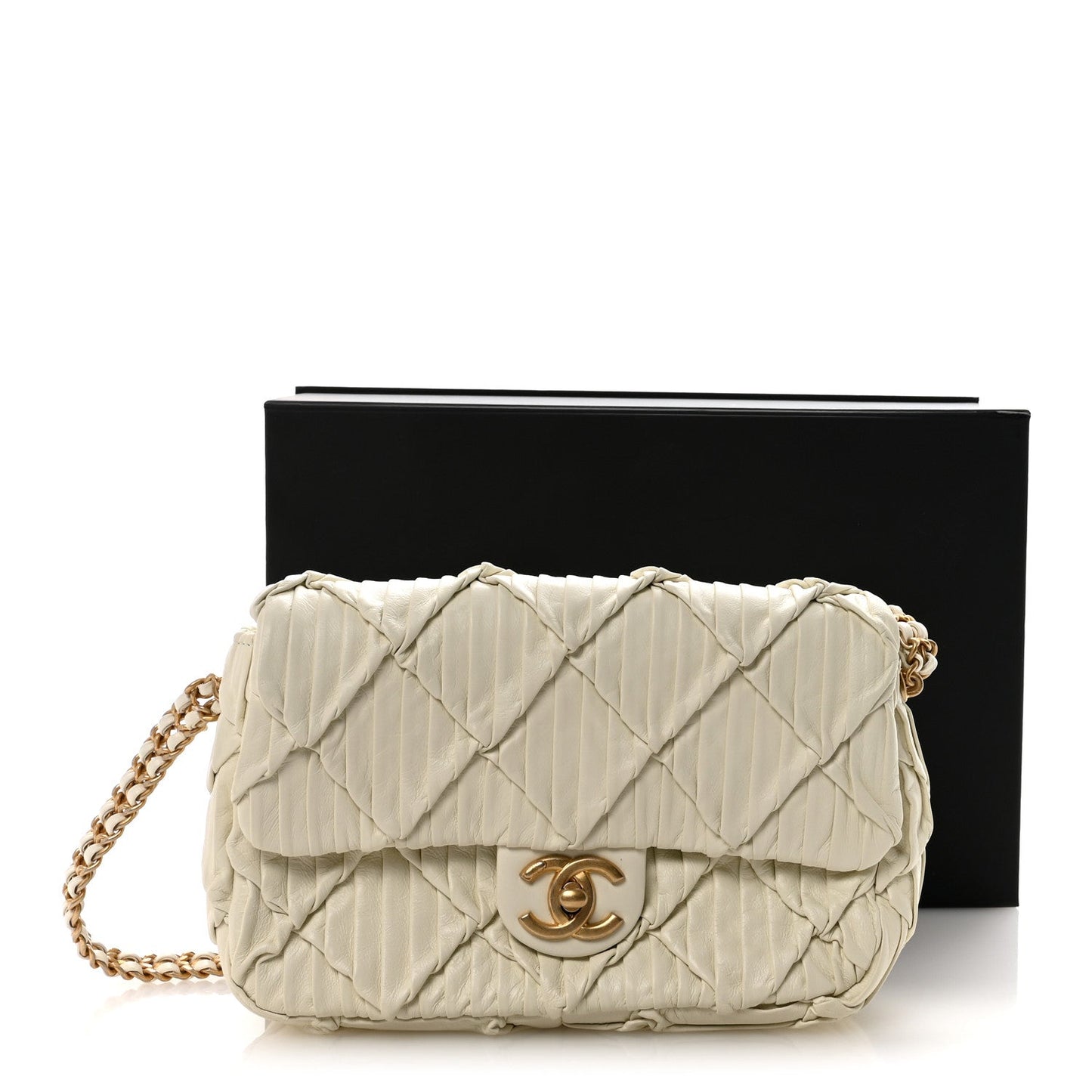 Pleated Calfskin Quilted Medallion Flap White