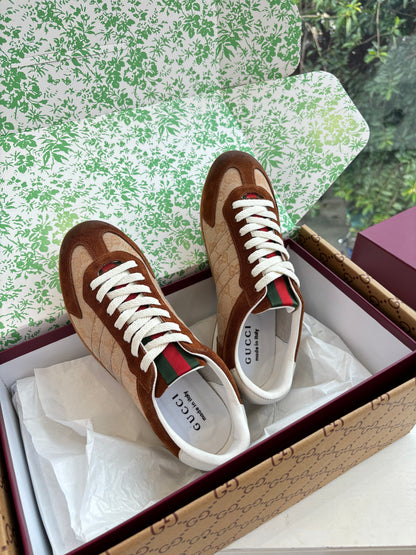Gucci Shift Damen sneaker Varianten Schwarzes Beige & Dark Brown Canvas and Suede Trim 506841