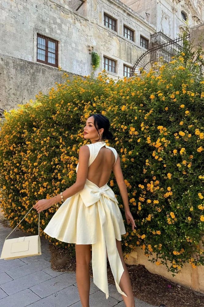 formaldressy-Yellow fashion sweet backless elegant short satin homecoming dress birthday dress gh5268