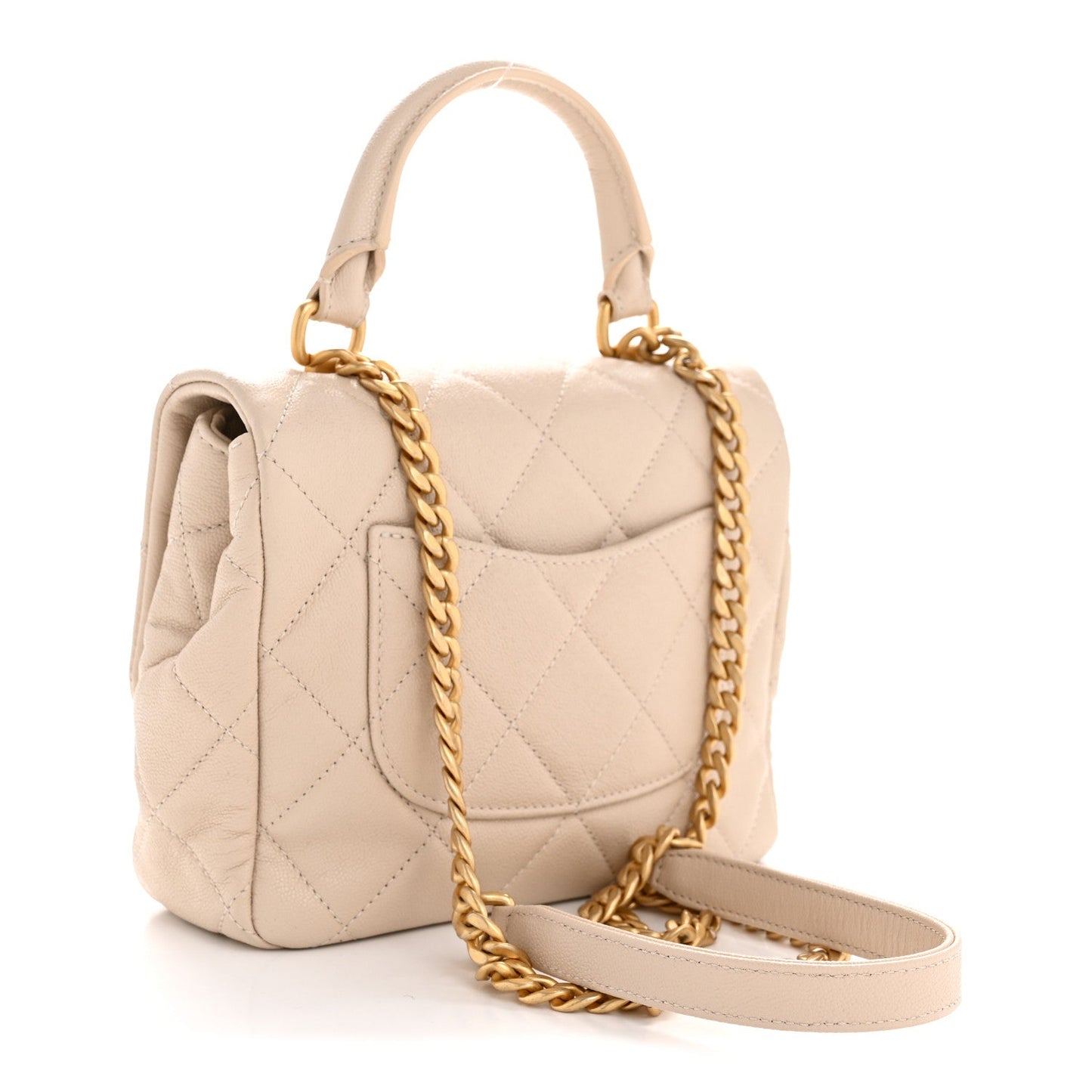 Shiny Caviar Quilted Mini Top Handle Flap Ecru