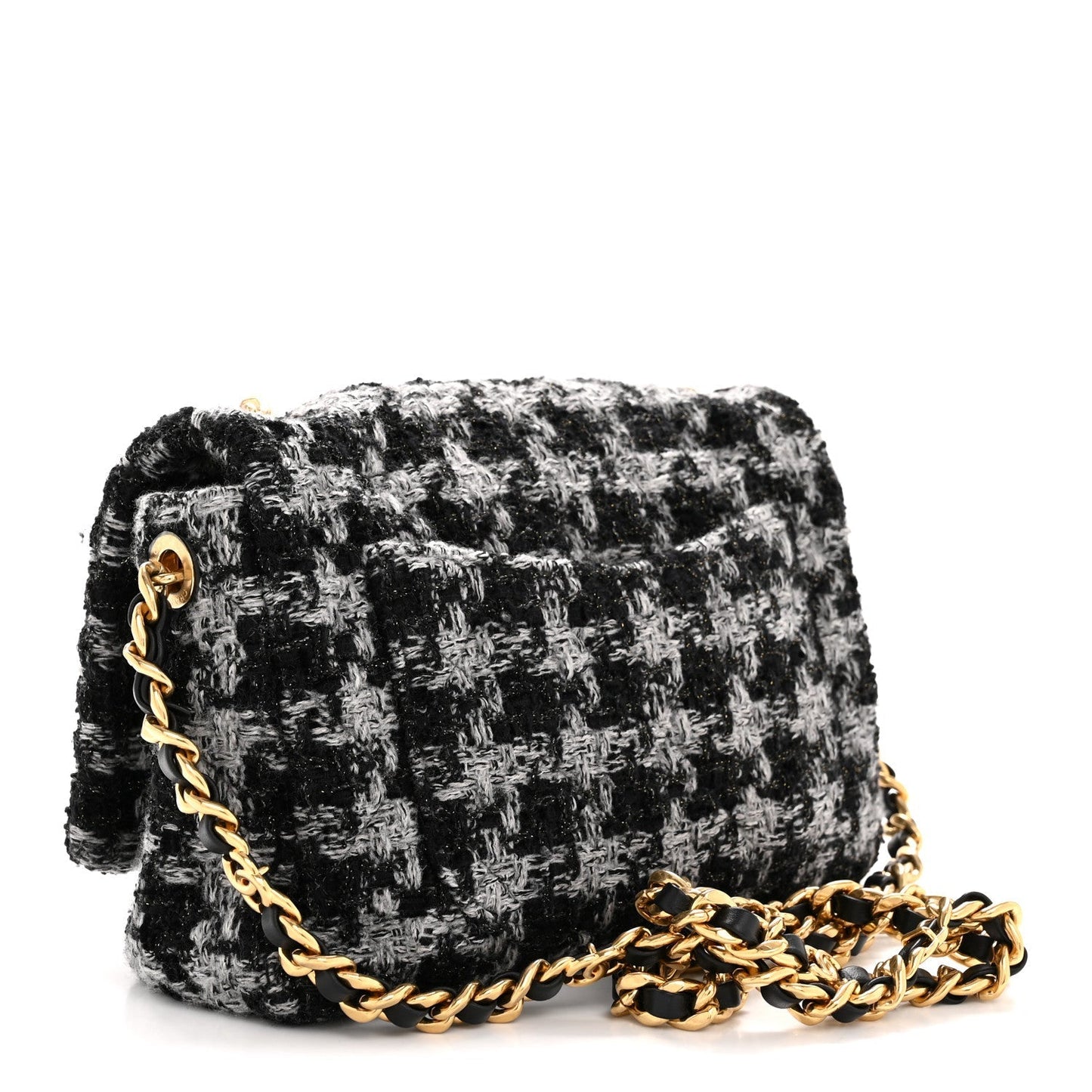 Wool Tweed Quilted Small Elegant Chain Flap Black Grey