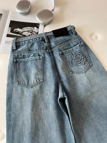CC Rhinestone Belt Wide-Leg Jeans Blue Denim 351177