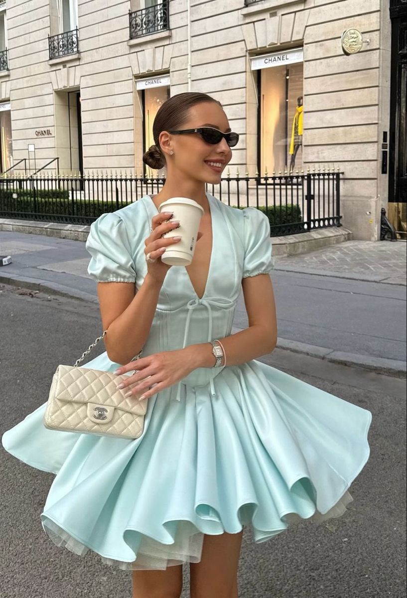 formaldressy-Blue Sweet Fashion V-Neck Short Satin Homecoming Dress Birthday Party Dress gh5249