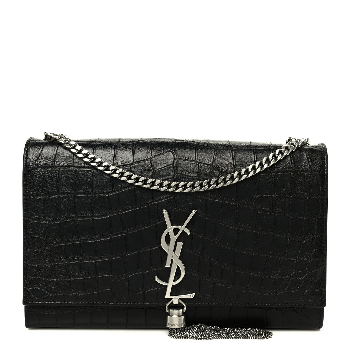 Calfskin Crocodile Embossed Medium Classic Monogram Kate Tassel Satchel Black