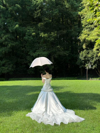 Pretty Mermaid Off the Shoulder White Floral Satin Tulle Long Prom Dress Wedding Dress SH3964