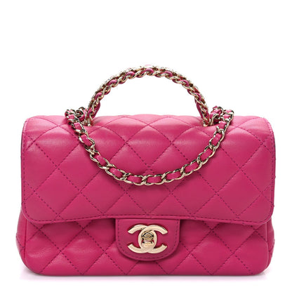 Lambskin Quilted Mini Crystal Top Handle Rectangular Flap Dark Pink