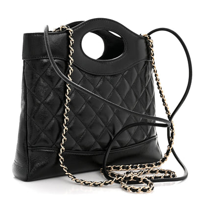 Shiny Crumpled Calfskin Quilted Mini 31 Shopping Bag Black