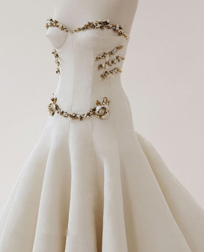 formaldressy-Ivory and Gold Beaded Long Layered Floor-Length Wedding Dress with Train gh5389