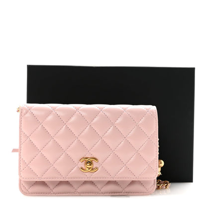Lambskin Quilted CC Pearl Crush Wallet on Chain WOC Light Pink