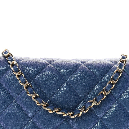 Iridescent Caviar Quilted Wallet on Chain WOC Dark Blue